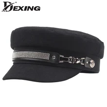 Трендовая военная шляпа из искусственной кожи с ремнем, Весенняя шерстяная шляпа моряка для женщин, Черная Кепка Капитана Бейкера, шапка для мальчика, шлем летчика