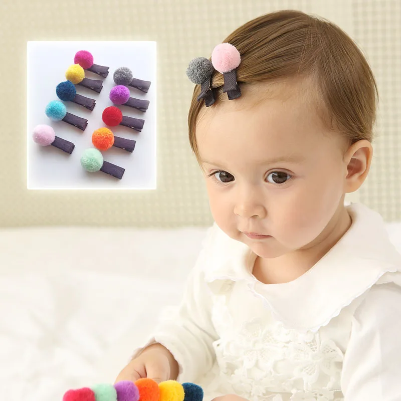 

2pcs/lot Candy Color Small Pom Pom Kid Hair Clips Fashion Round Ball Pink Girl Barrette Cute Mini Soft Hairpin Grips