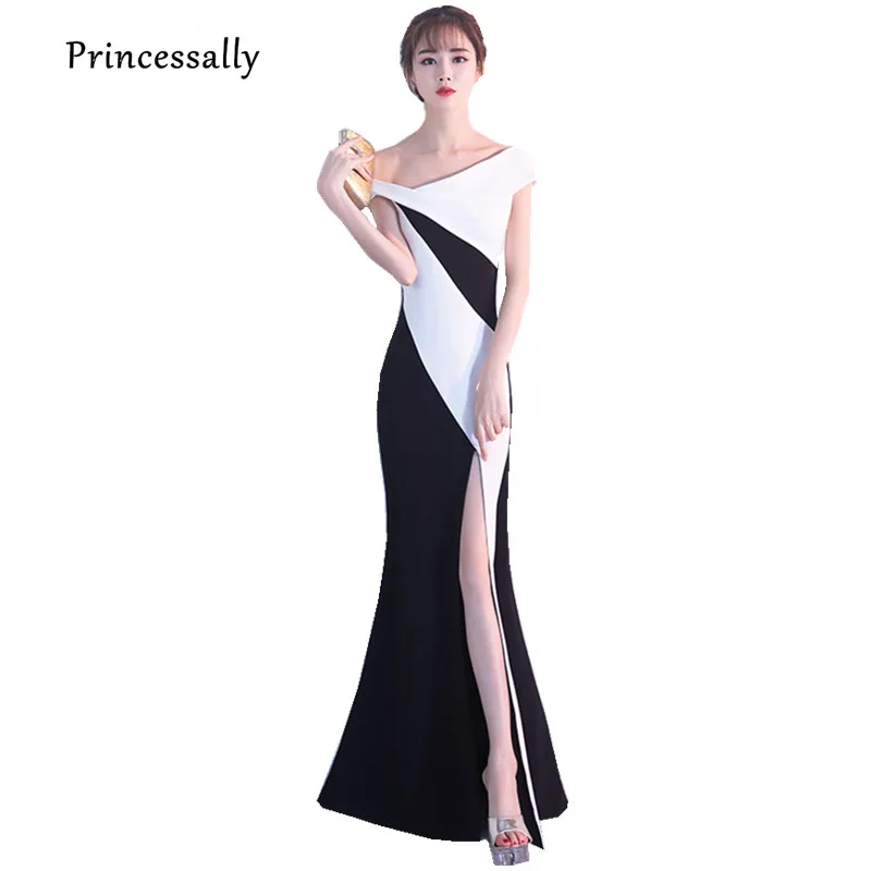 

Vestido Longo De Festa New Black and White Evening Dress Long Mermaid Sexy High Slit Simple Elegant Prom Party Homcoming Gown