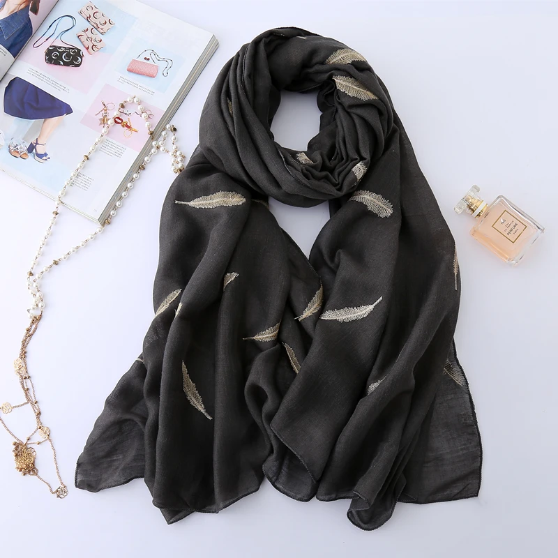 Женский шарф, модный, с вышивкой, перо, хлопок, зимние шарфы для женщин, шали и палантины, пашмины, теплые, длинные, размер, палантины, хиджаб - Цвет: Темно-серый