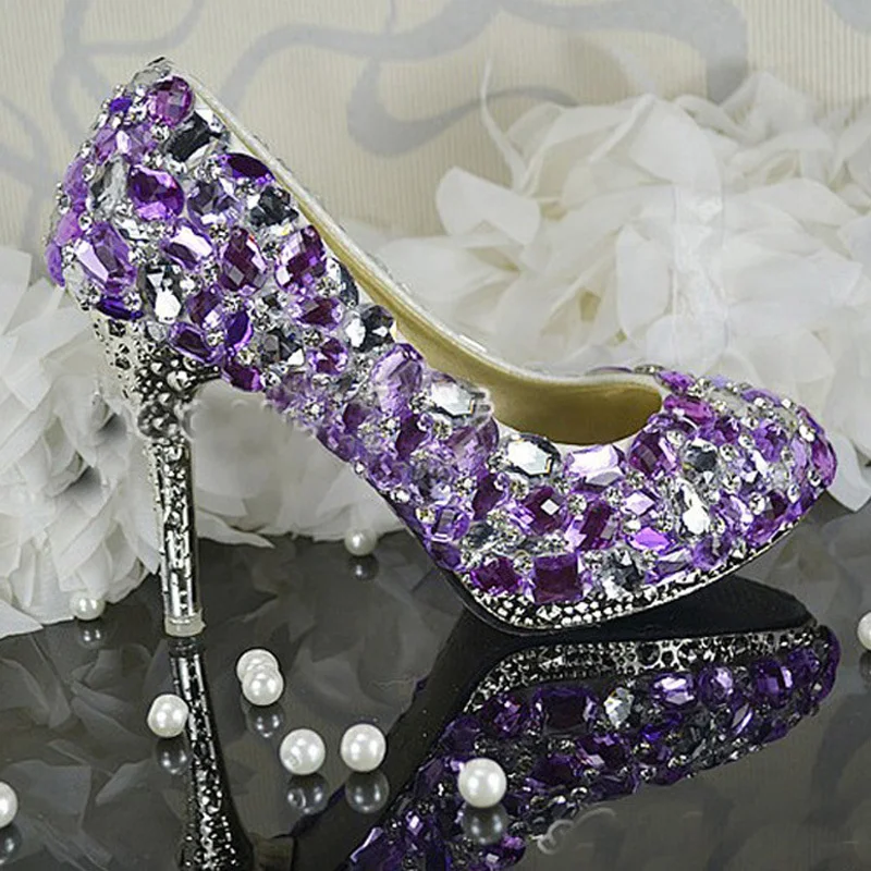 Woman High Heels Wedding Dress Shoes Purple Crystal Bridal Dress Shoes