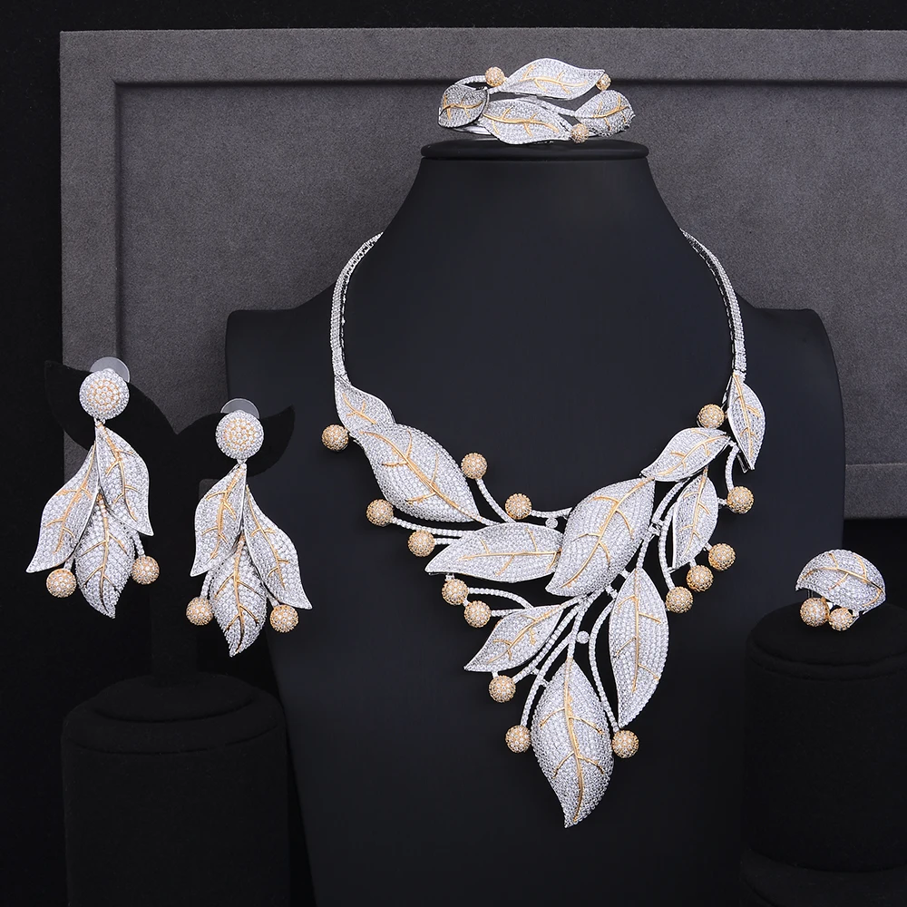 

Luxury Leaf Shape Jewelry Sets christmas jewelry Findings Bridal Collar Necklace Earrings Bracelet Resizable Ring Jewelry Sets