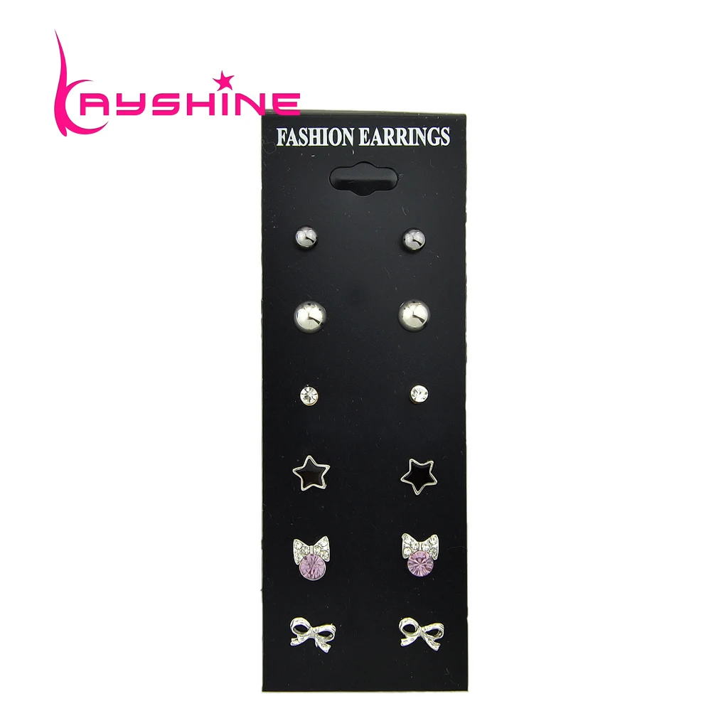 Kayshine 6 Pairs/Set Boho Chic Style Earrings Set Jewelry Silver Color With Rhinestone Star Bowknot Shape Stud | Украшения и