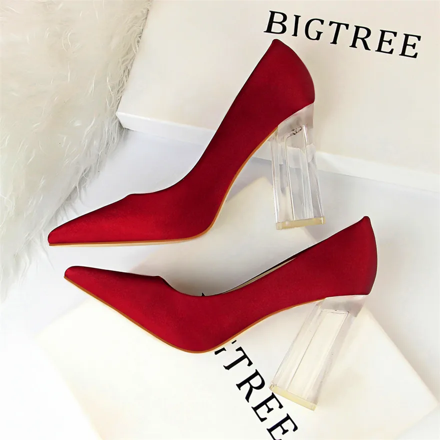 Женские туфли-лодочки больших размеров 34-43 пикантные свадебные туфли из прозрачной искусственной кожи на каблуке женские офисные туфли на высоком каблуке с закрытым шелком в сдержанном стиле - Цвет: Бордовый