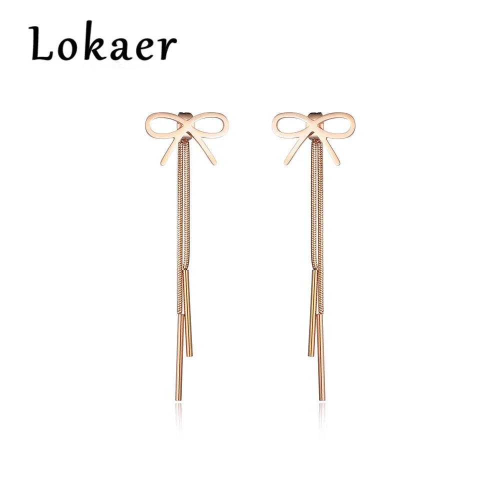 Lokaer Новое поступление розовый бант золотого цвета длинные геометрические бахромой титановая сталь женские серьги подвеска для вечеринок подарок E170610333R