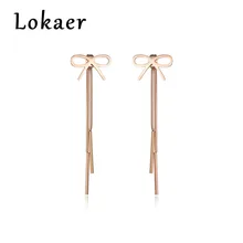 Lokaer Новое поступление розовый бант золотого цвета длинные геометрические бахромой титановая сталь женские серьги подвеска для вечеринок подарок E170610333R