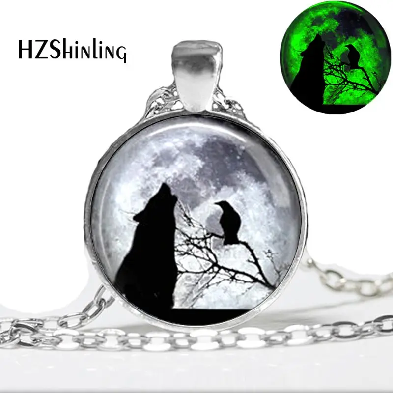 

Glowing Wolf Necklace Wolf anf Raven Full Moon Pendant Glass Dome Jewelry Glow in The Dark Pendant