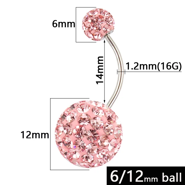 Belly button ring 6/12 mm ball 16G not allergic stainless steel piercing aurora white pink top quality navel bar body jewelry - Окраска металла: Pink length 14mm