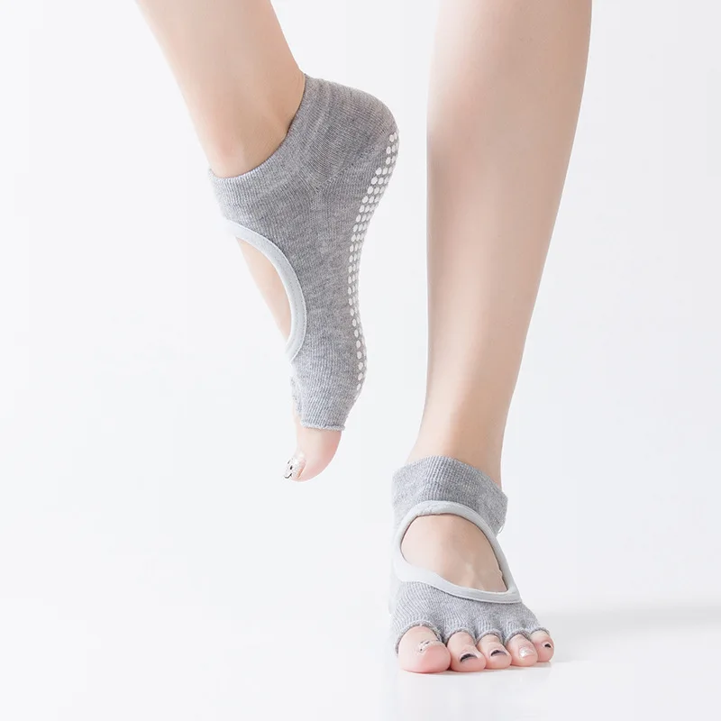 1 пара профессиональных женских носков для йоги с половинным носком хлопковые нескользящие дышащие спортивные носки танцевальные Балетные Носки для пилатеса с открытым носком - Цвет: light gray