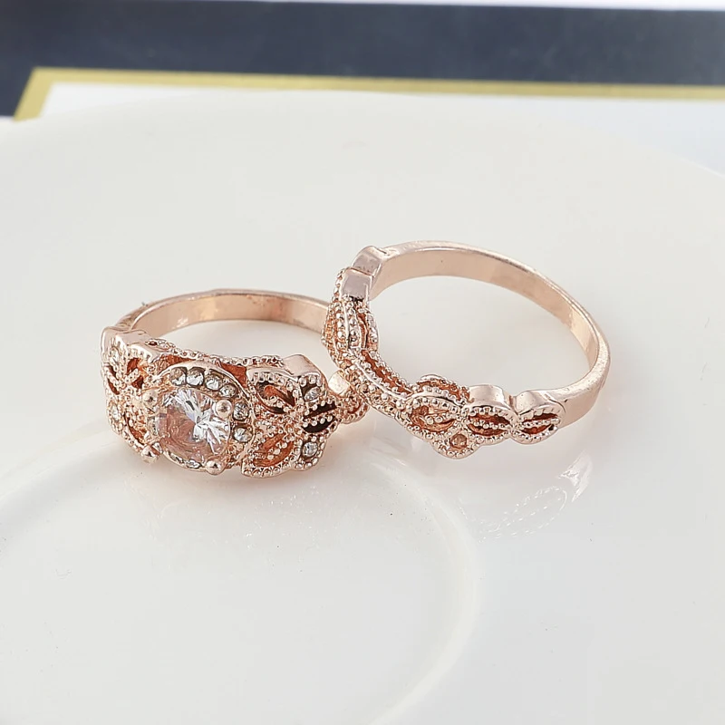 Crazy Feng Promise Couples Rose Gold Color Pairs Wedding Ring Set Engagement Double Finger Rings For Jewelry Gift