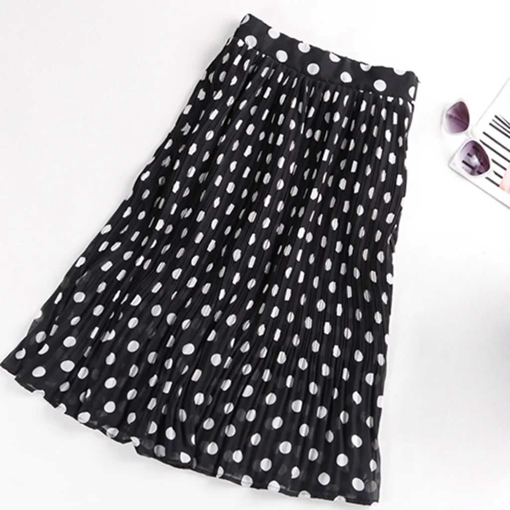 summer Autumn skirts womens Casual high waist skirts Chiffon Dot Pleated elegant elastic Midi Flared Skirt Large size L0710