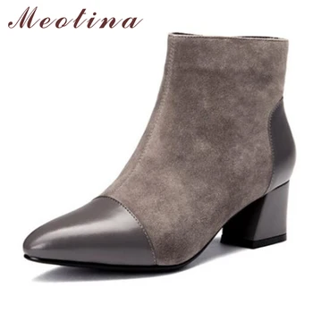 

Meotian Women Real Leather Boots Winter Pointed Toe Kid Suede Leather Ankle Boots Zipper Thick Heel Short Boots Fall Shoes Black