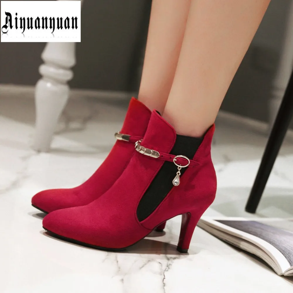 

Fashion Solid Winter Size to 43 44 45 46 47 High quality Flock Sequined design Pointed Toe Boots Slip-On design Thin Heels shoes