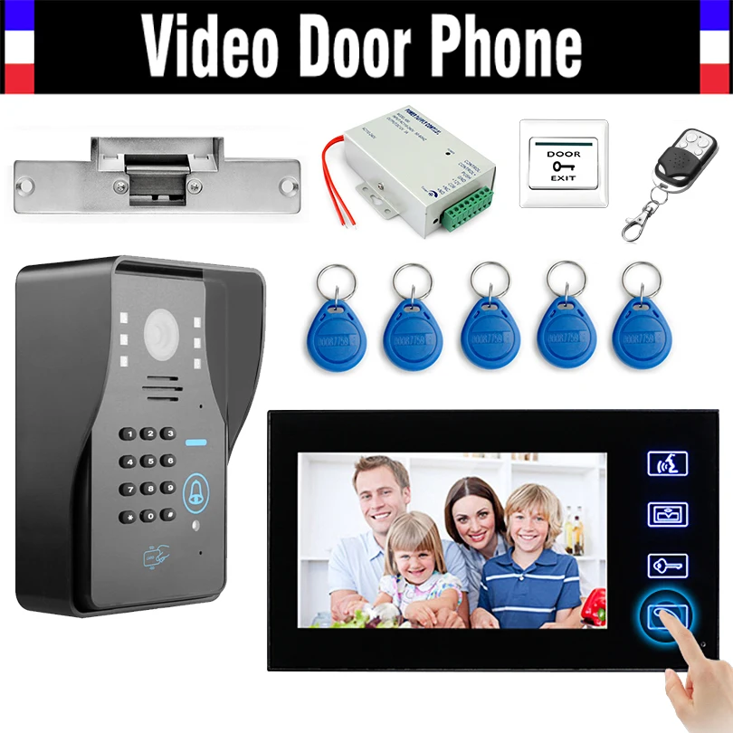 7 Inch touch Key Video Door Phone kits Video Doorbell Intercom Wired System Code Keypad Strike Lock 5PCS RFID Keyfobs Exit