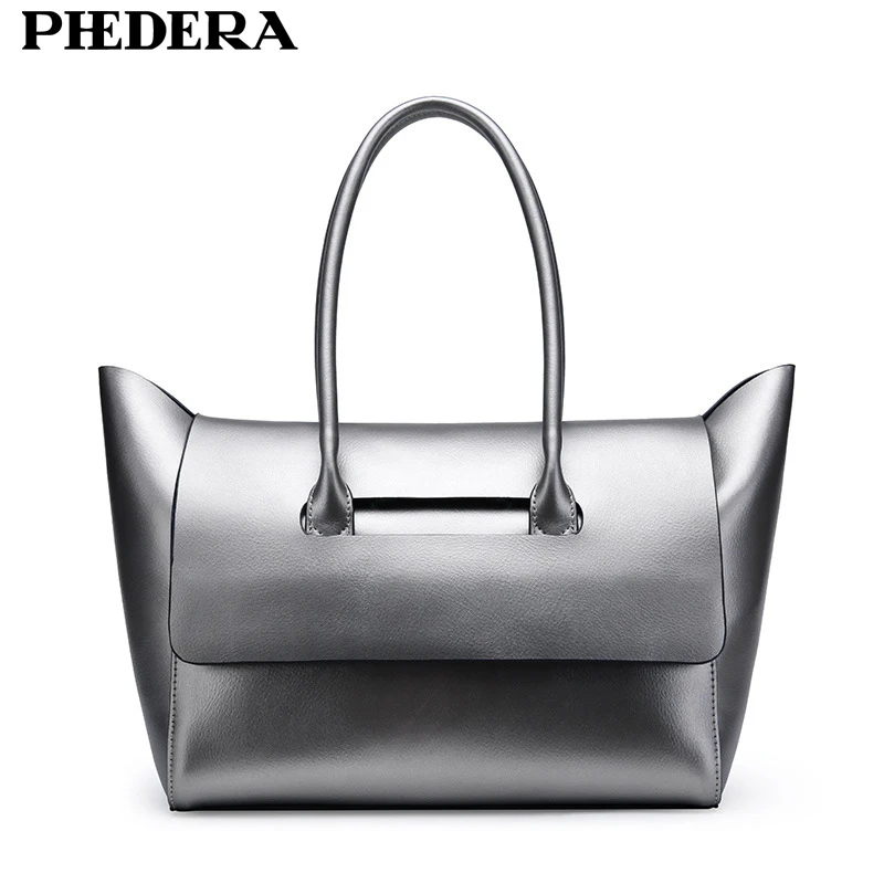 PHEDERA Real Leather Elegant Shoulder Bags for Women Fashion Cowhide Genuine Leather Female Handbags Trapeze Style Lady Purse