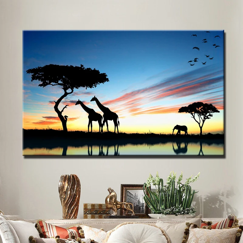 

African Savannah Landscape HD Print Giraffe, Elephant Canvas Painting Poster Wall Art Picture Living Room Home Decor Frameless