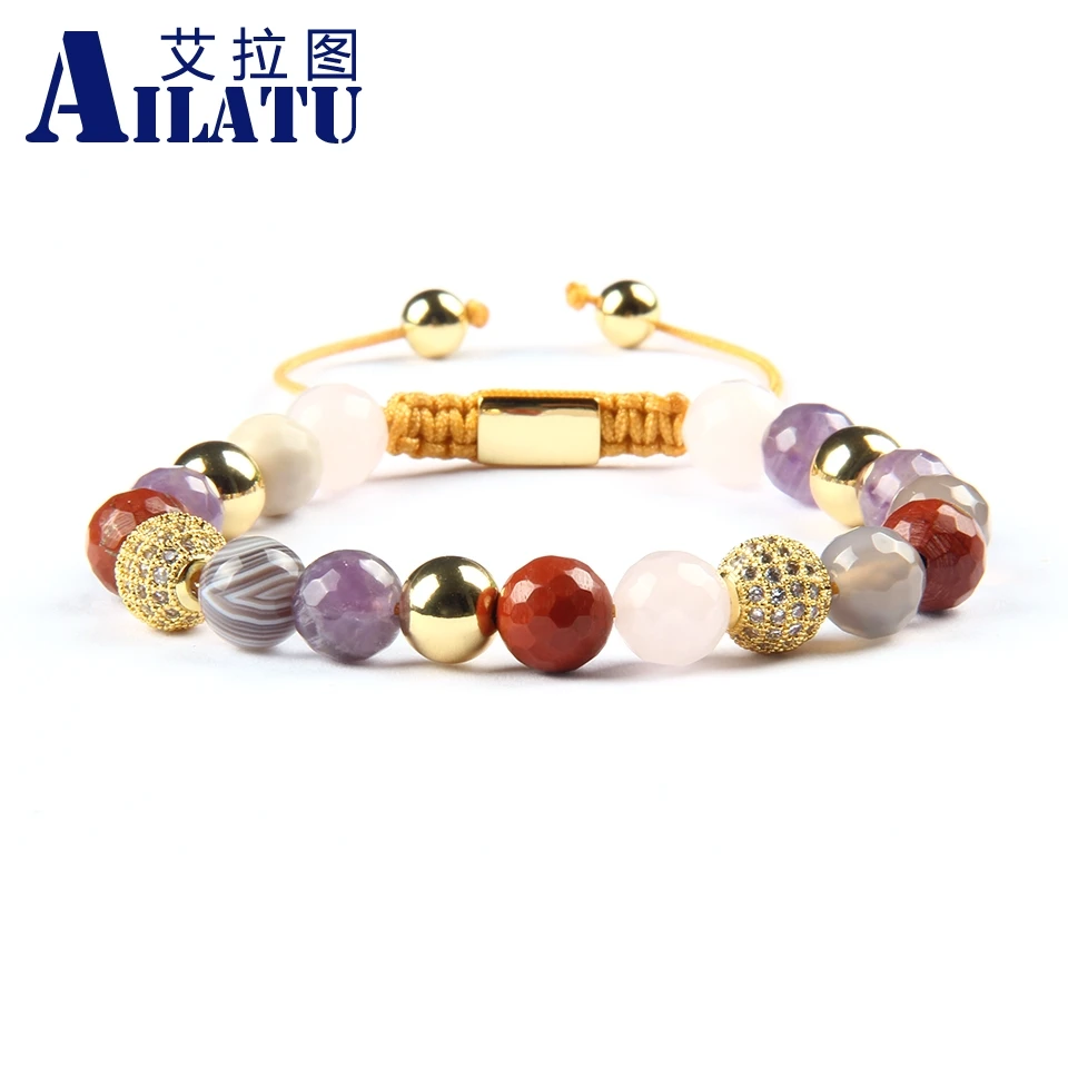 

Ailatu Micro Pave Clear Cz Ball Macrame Bracelet for Nice Gift with 8mm Natural Mix Stone Beads