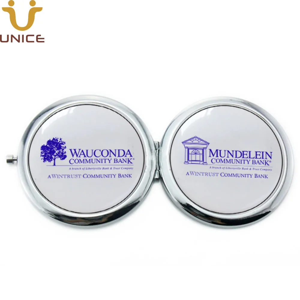 

100pcs/lot Your Logo Customized Double Sides Compact Mirror Two Faces Epoxy Domes Printing Pocket Cosmetic Silver Handbag Mirror