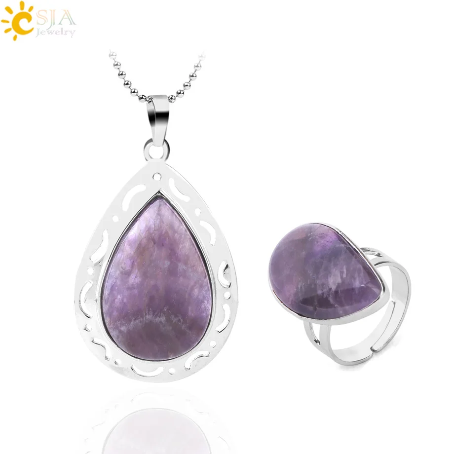 

CSJA Reiki Healing Natural Stone Water Drop Jewelry Set Vintage Design Purple Quartz Crystal Necklace Party Dangle Rings F665