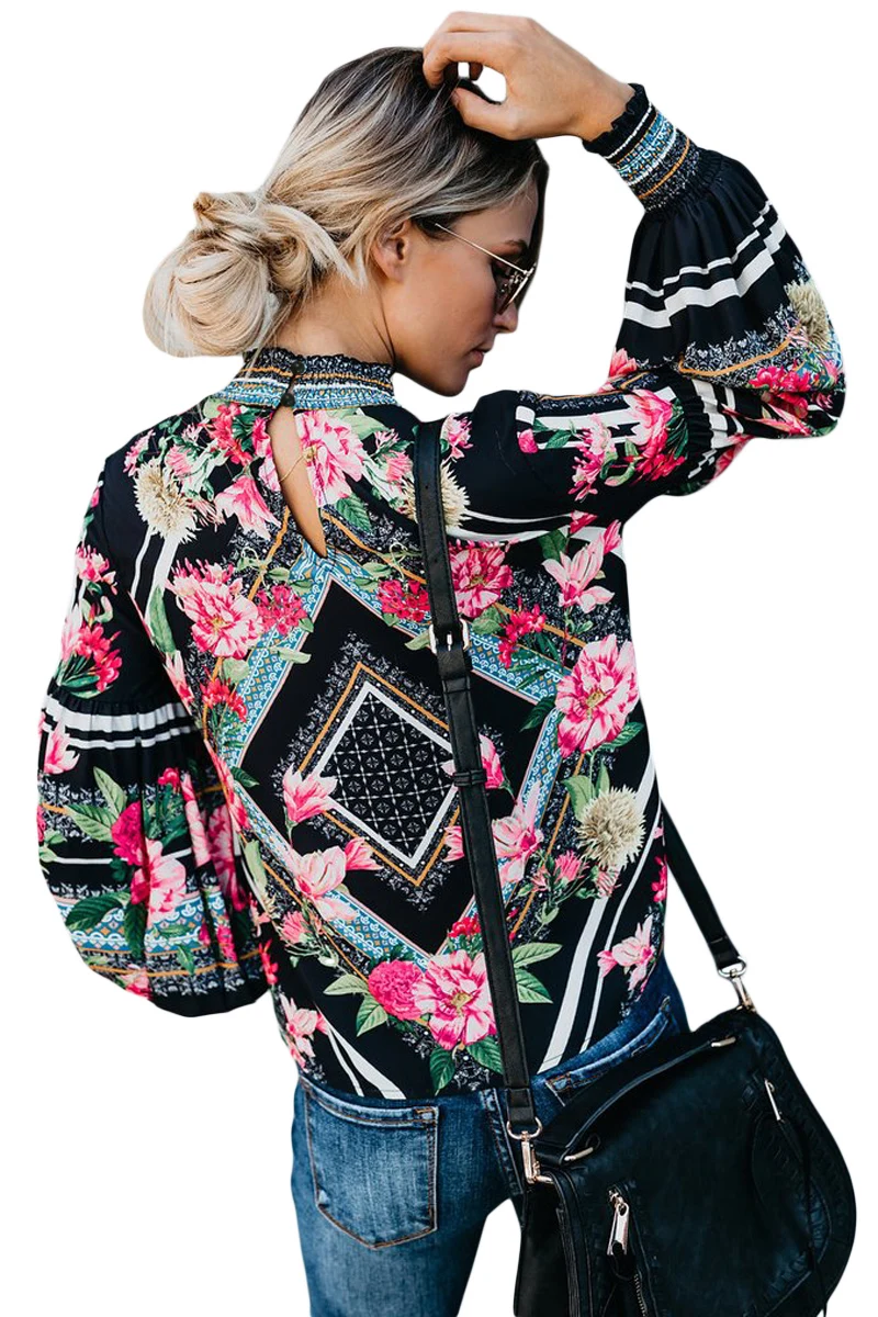 Black-Bohemian-Floral-Print-Smocked-Long-Sleeve-Blouse-LC251632-2-2
