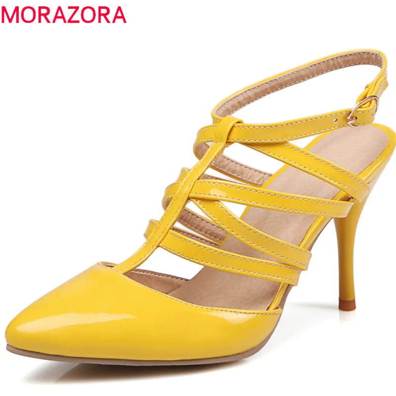 

MORAZORA 2018 top quality pu pointed toe summer shoes simple buckle women sandals hollow out sexy party shoes thin heels shoes