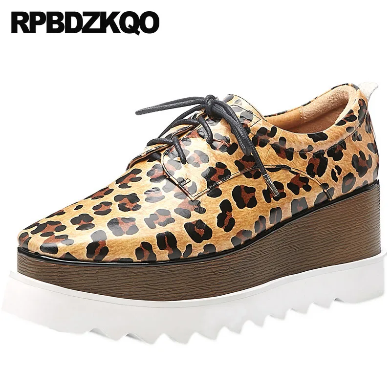 

Cowhide Lace Up Square Toe Leopard Print Thick Sole Wedge Brown Creepers Platform Muffin High Quality Women Designer Shoes China
