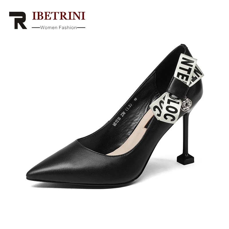 

RIBETRINI 2019 Spring Brand Women Genuine Leather Ol Pumps Fashion Letters Bow Shoes Woman Elegant Metal Decoration Heel Shoe