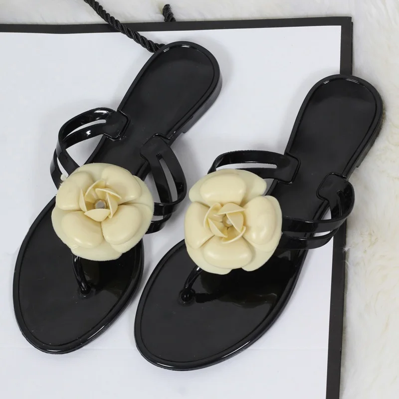 Летние женские сандалии; Вьетнамки; уличные женские шлепанцы; женская пляжная обувь с цветочным рисунком; женская прозрачная обувь; sandalias mujer; - Цвет: blackwhite