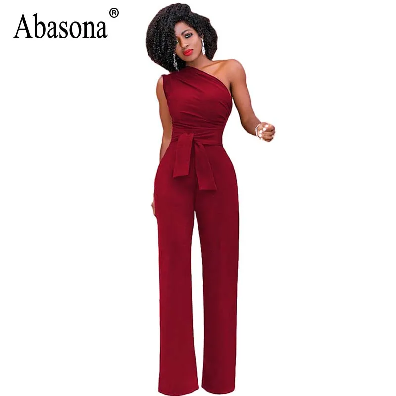 Abasona One Shoulder Women Jumpsuits Casual Wide Leg Pants Summer 2018 Black Red Rompers Womens Jumpsuit Party Overalls Female