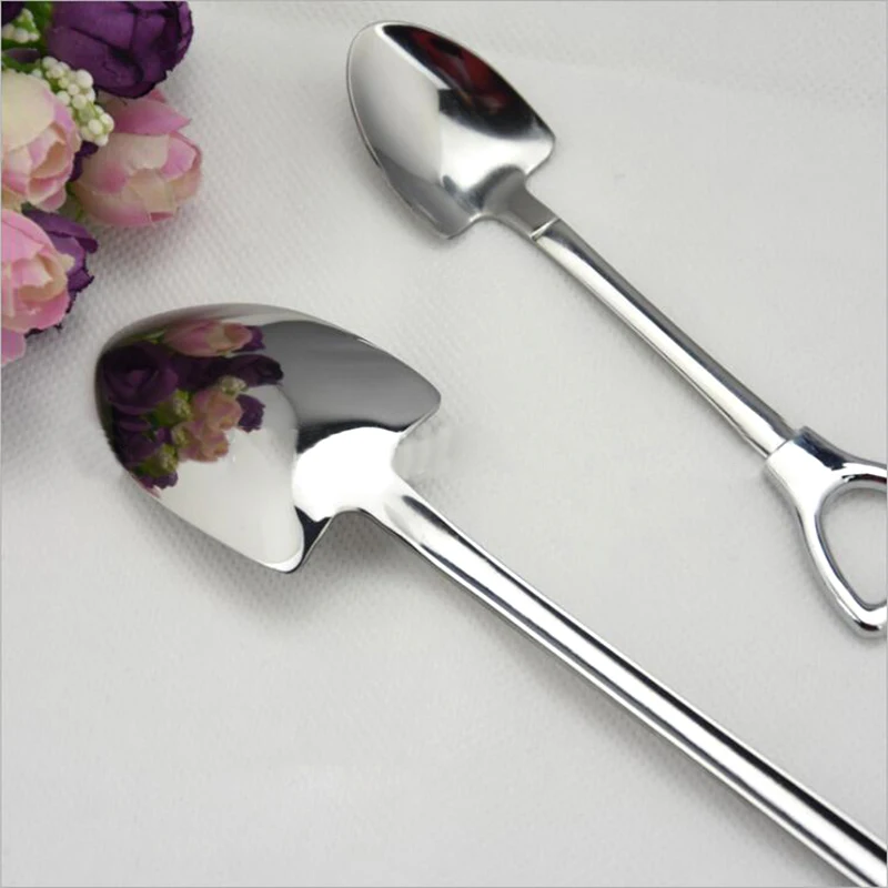 1Pc Creative Metal Ice Cream Coffee Spoon Shovel Shape Shell Tea Spoons 2 Colors Afternoon Tea Dessert Long Handle Spoon