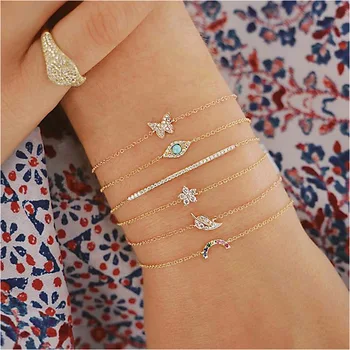 

RAVIMOUR 6PCS Women Bracelets Set Tiny Gold Chains Eye Leaf Flower Charm Bracelet Femme Jewelry Fashion Pulseira Feminina 2018
