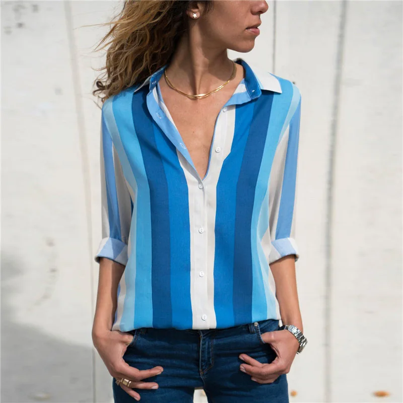 

women striped blouse shirt Long Sleeve Chiffon Blouses with Printed Stripes in Europe and America