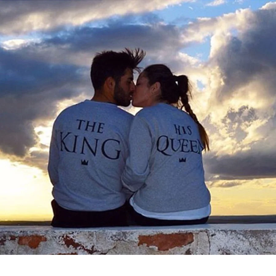 H1071 2016 جديد أزياء الأزواج بلوزات الملك ملكة عارضة طويلة الأكمام البلوفرات هوديس عشاق البلوز