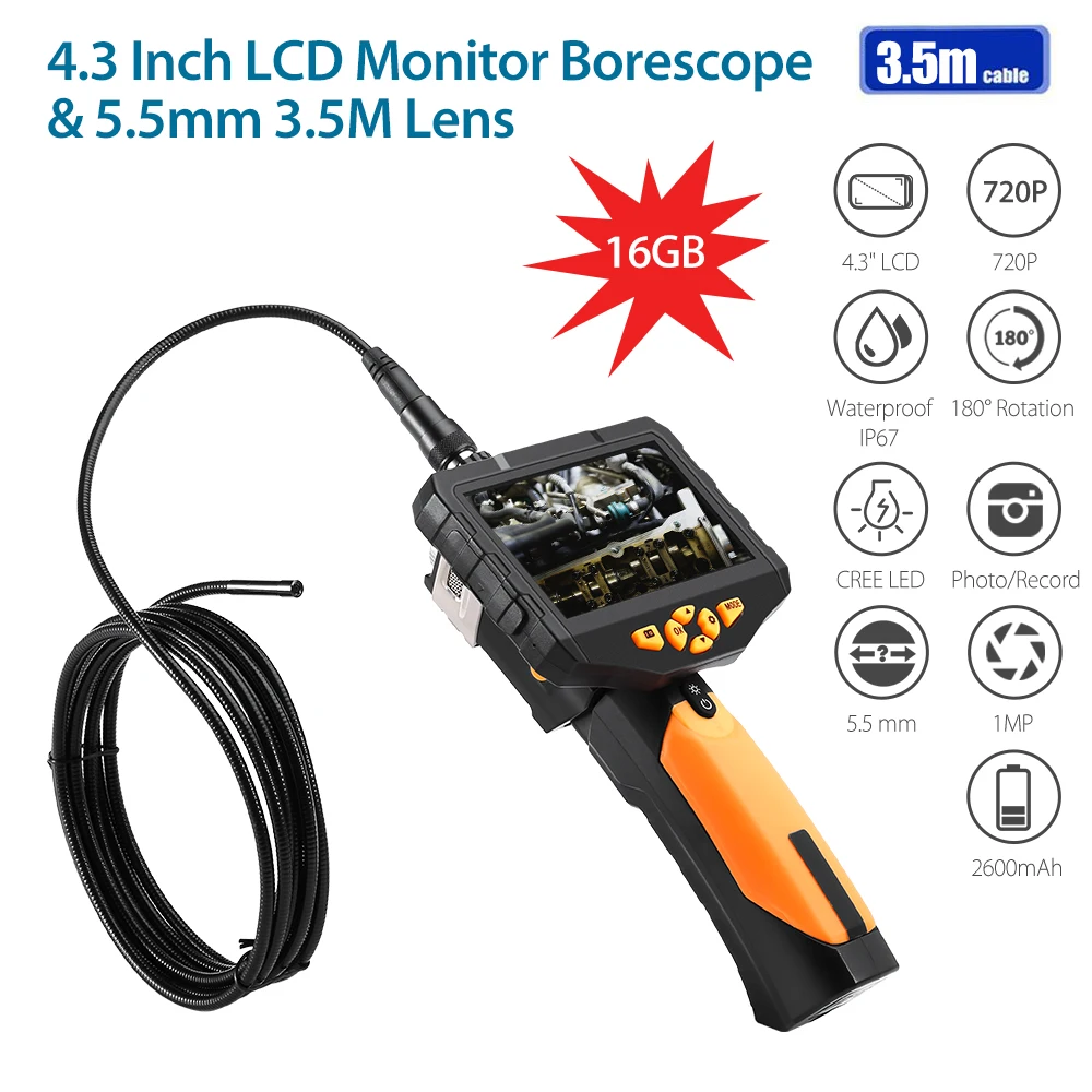 

5.5mm borescope Camera New NTS300 4.3" color LCD Display Monitor Snake Inspection Endoscope 6 LEDS Borescope 3.5mm Tube Cam