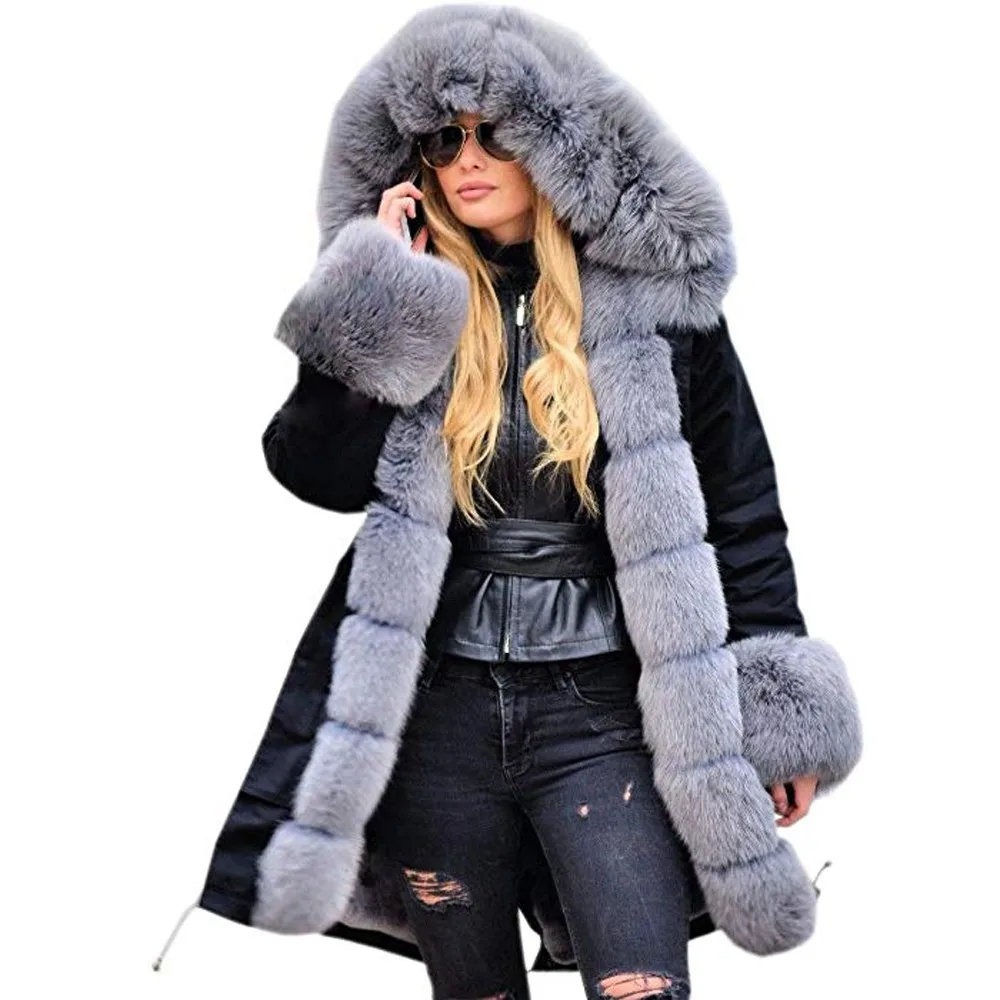 KLV M-3XL, женская повседневная куртка с длинным рукавом, однотонная, полиэстер, искусственный мех, зимняя куртка, парка, пальто с капюшоном, рыбий хвост, черное пальто, z1126 - Цвет: BK