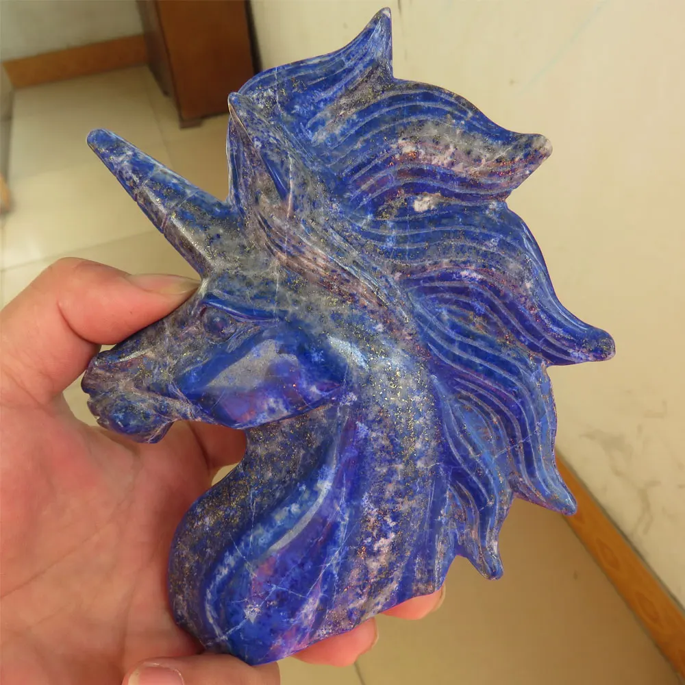 

Unique New ! 372g 110*35*115mm Natural Lapis Lazuli Gemstone Carved Crystal Unicorn Skull Reiki Healing Meditating