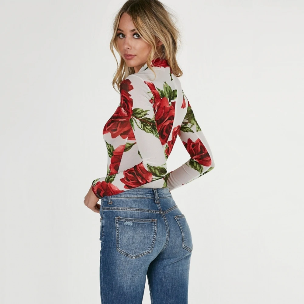 HYH HAOYIHUI Floral Print Turtleneck Bodycon Jumpsuits Women Long Sleeve Sexy Rose Elegant Mesh Slim Summer Female Bodysuits HYH HAOYIHUI Floral Print Turtleneck Bodycon Jumpsuits Women Long Sleeve Sexy Rose Elegant Mesh Slim Summer Female Bodysuits