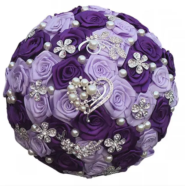 JaneVini роскошный фиолетовый розовый свадебный букет для невесты с кристаллами, атласное жемчужное искусственный цветок для свадьбы свадебный букет с брошью бисером - Цвет: Purple 24cm