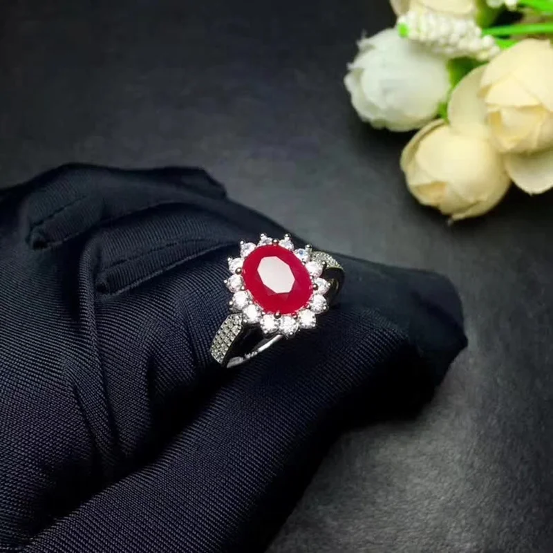 Красивые кольца с натуральным сердцем и Рубином 2.20Ct для женщин, кольца с цветами на годовщину, овальные настоящие драгоценные камни, хорошее ювелирное изделие, Серебро S925#345