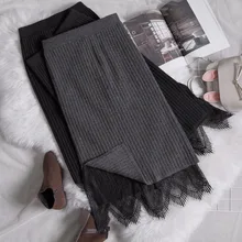 Зимняя женская кружевная трикотажная юбка с разрезом, две тонкие юбки, трикотажная кружевная Лоскутная длинная юбка с эластичной резинкой на талии, Женская юбка