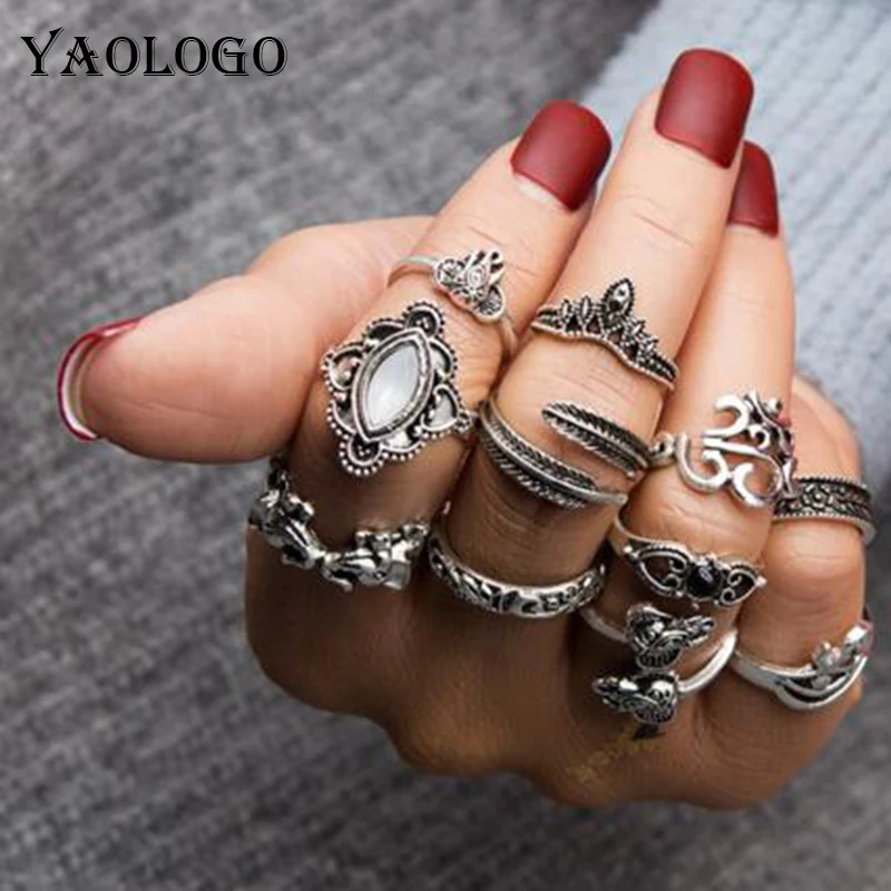 YAOLOGE Vintage Knuckle Ring Set for Women Fashion Anel Aneis Bague Femme Stone Midi Finger Rings Boho Jewelry 11pcs R156 | Украшения и