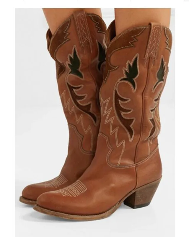 

New brand runway retro style western boots women embroidered leather knee high boats med heel cowboy boots winter shoes woman