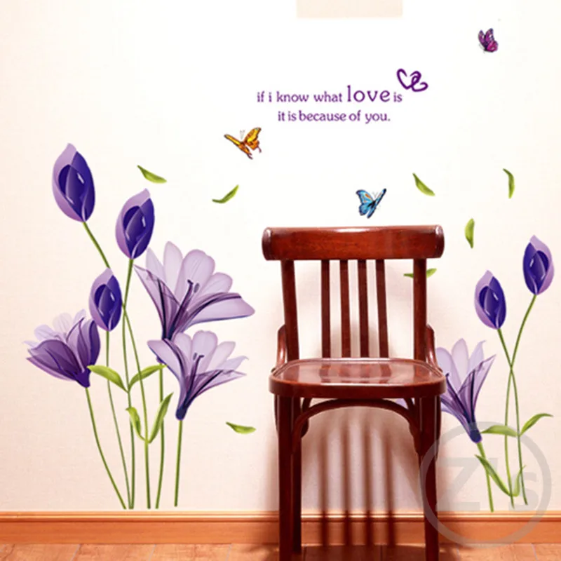 Домашний декор DIY Фиолетовый цветок лилии плакаты гостиной декоративные наклейки на стену съемные водонепроницаемые наклейки LS