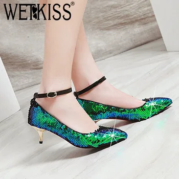 

WETKISS Sequined Cloth Pumps Women Pointed Toe Footwear Ankle Strap Shoes Female High Heels Party Bling Shoes Woman 2019 New