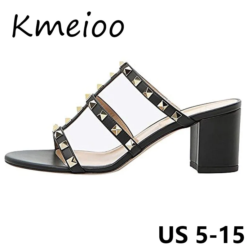 

Kmeioo 2018 US Size 5-15 Fashion Ladies Shoes Rivets Studded Sandals Gladiator Slip On Open Toe Woman Shoes Block Med Heels 5CM