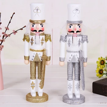 

New 30Cm Christmas Holiday Nutcracker Soldiers Gold Silver Powder Vintage German Wooden Table Walnut Toy Zakka Dolls