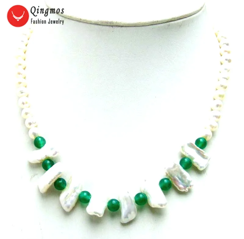 

Qingmos Natural Pearl Necklace for Women with 6-7mm Round &12-15mm Biwa Pearl & 6mm Green Jades Necklace Jewelry 17'' Nec6128