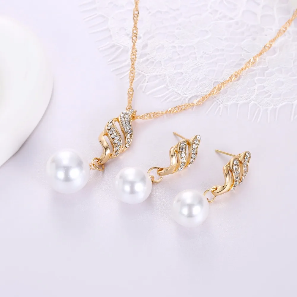 Vienkim Модные женские ожерелья серьги Ювелирные наборы кристалл золотой цвет Большой Имитация для свадьбы с жемчугом комплекты украшений для женщин