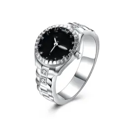 ERLUER серебряный цвет часы форма модные стразы Циркон вечерние ювелирные изделия мужские свадебные Круглый перстень Женский Черный Эмаль