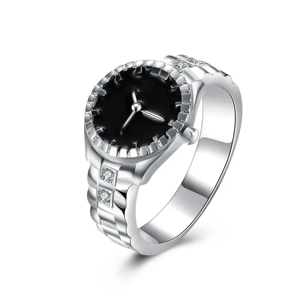 

ERLUER Silver Color Watch Shape Fashion Rhinestones Zircon Party Jewelry Men Wedding Round Finger Ring Women Black Enamel Bijoux